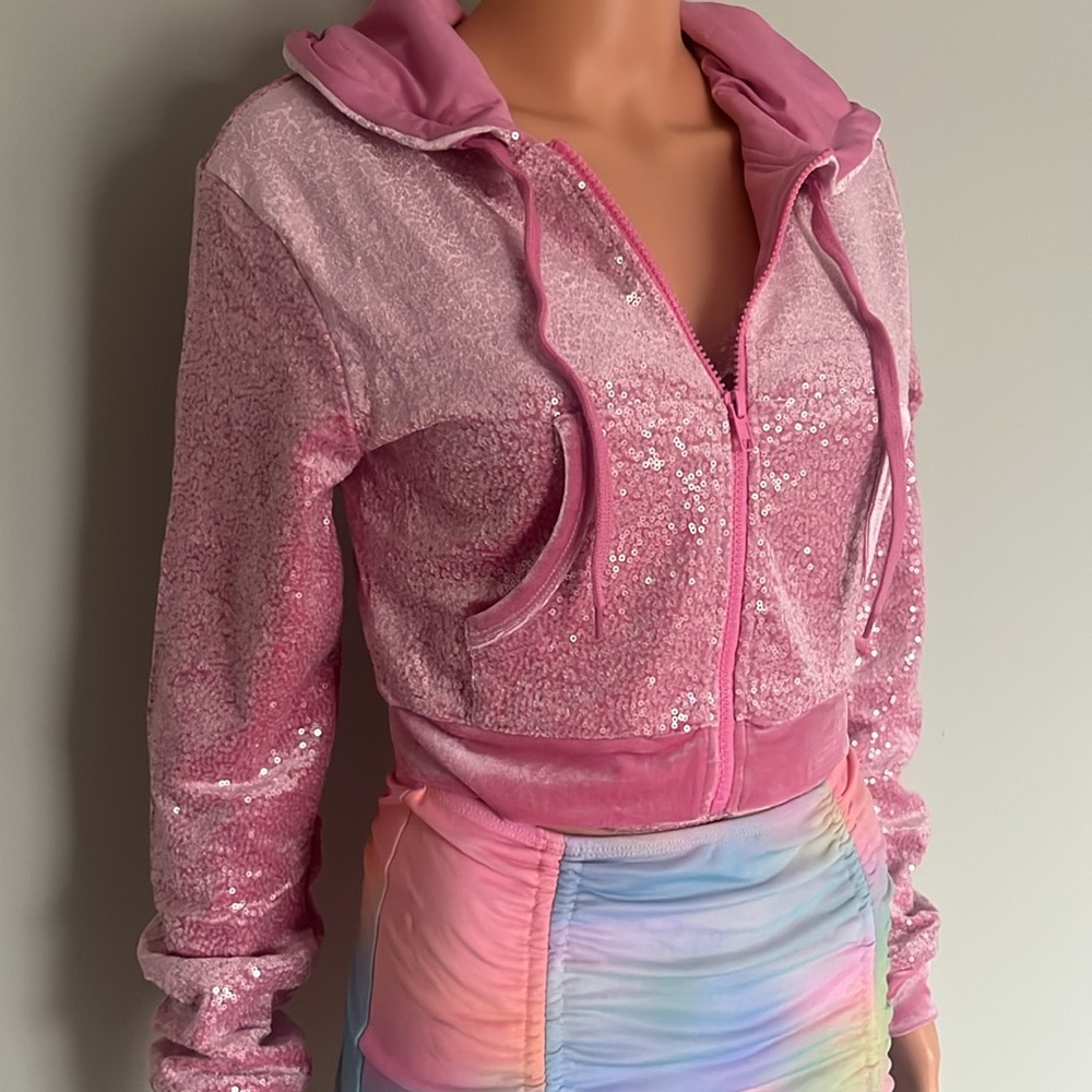 ‼️NWT‼️Dolls Kill X Sugar Thrillz Blushing Wonderland Sequin Hoodie Pink Small - Picture 6 of 7